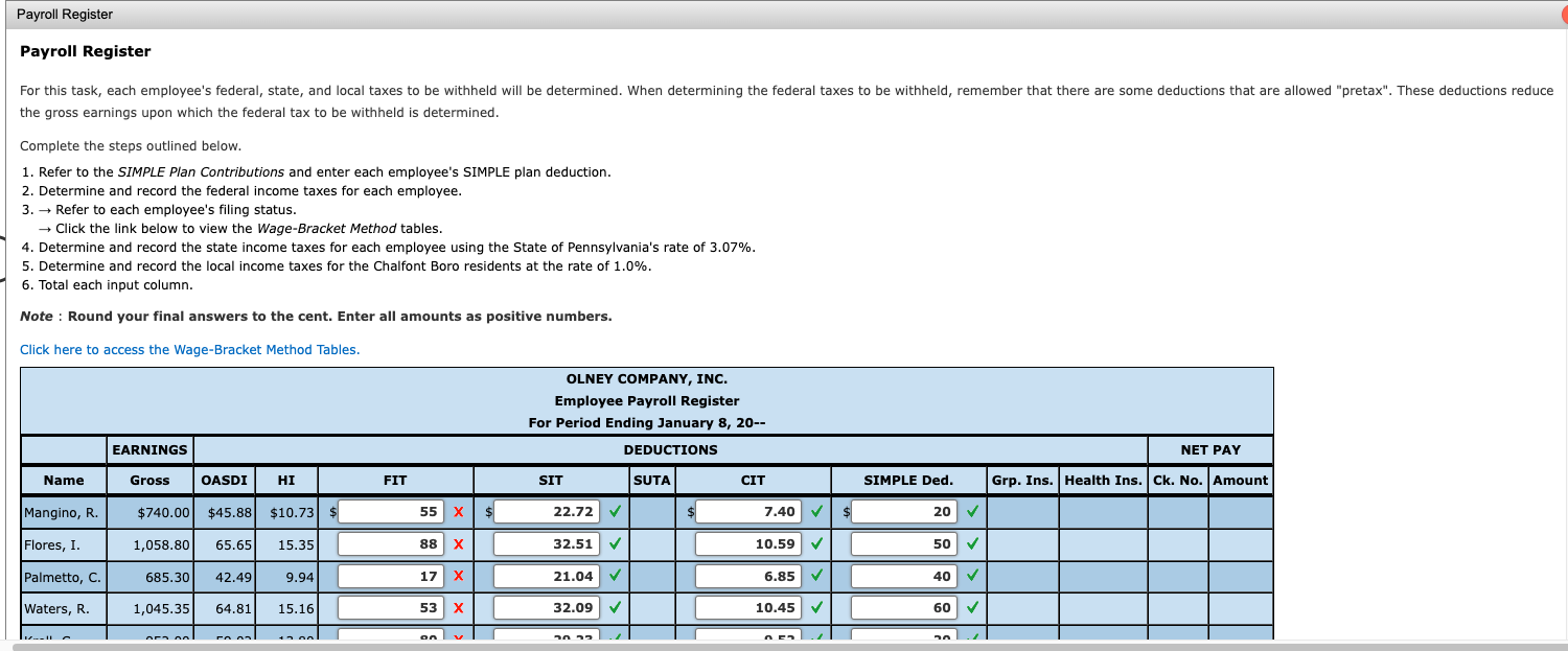 Payroll Register Note : Round your final answers