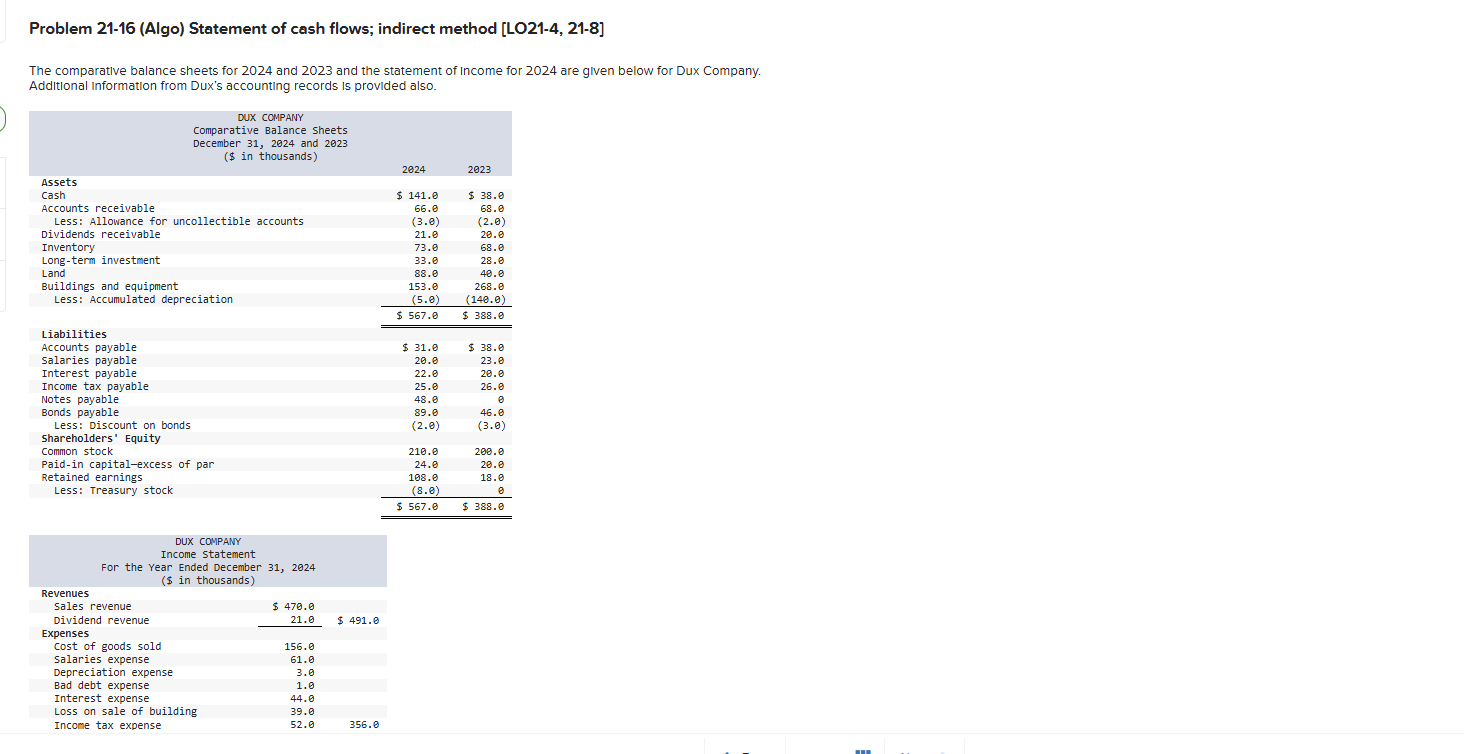 Problem 2 1 - 1 6 ( Algo ) Statement of cash