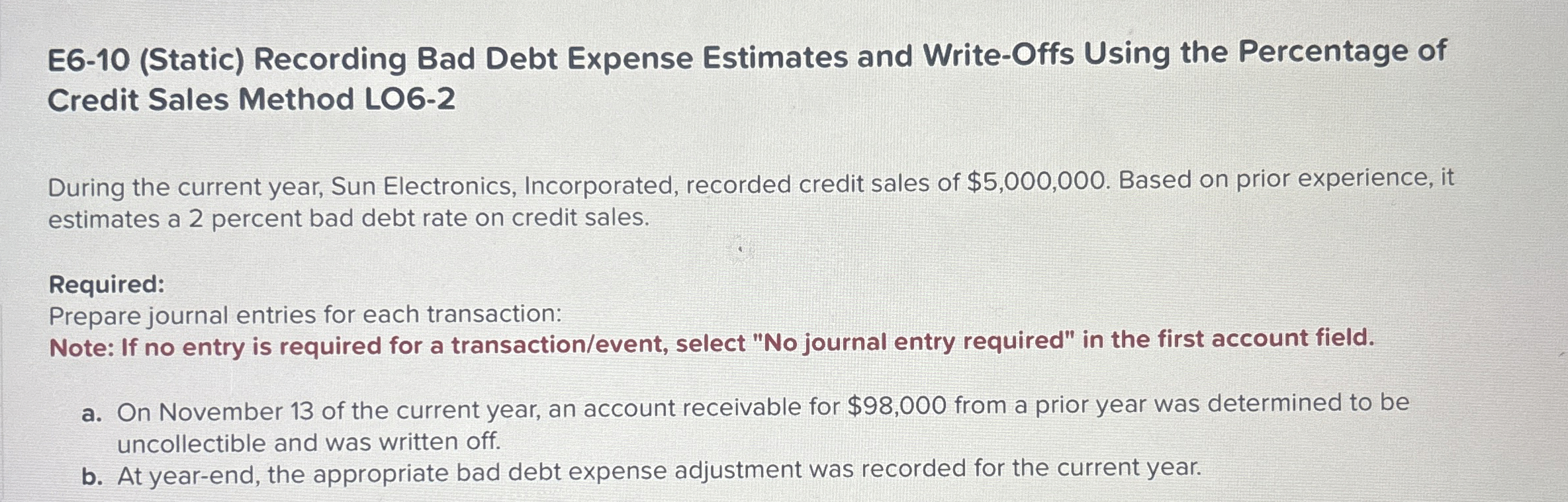E 6 - 1 0 ( Static ) Recording Bad Debt Expense