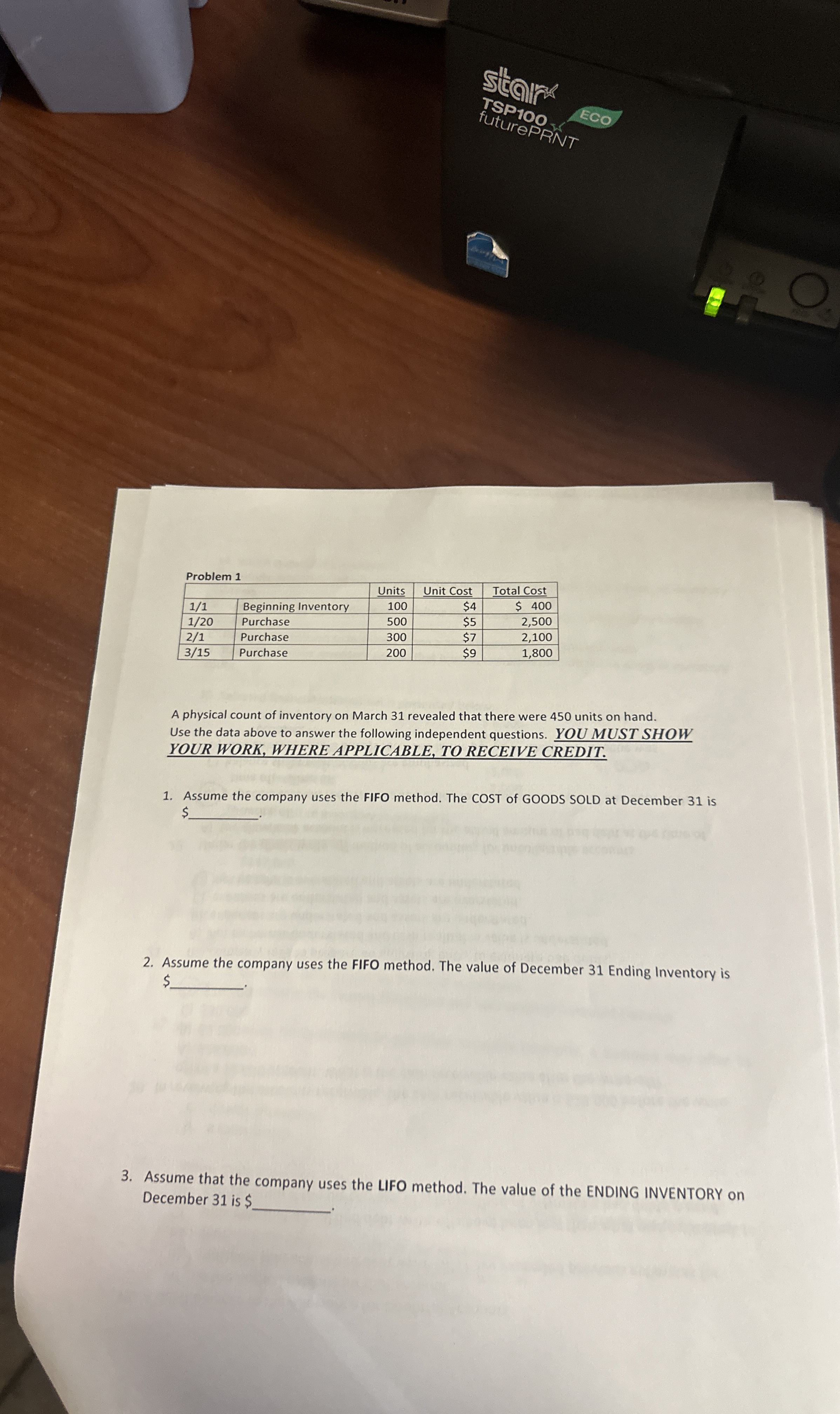 Problem 1 \ table [ [ , Units,Unit Cost,Total
