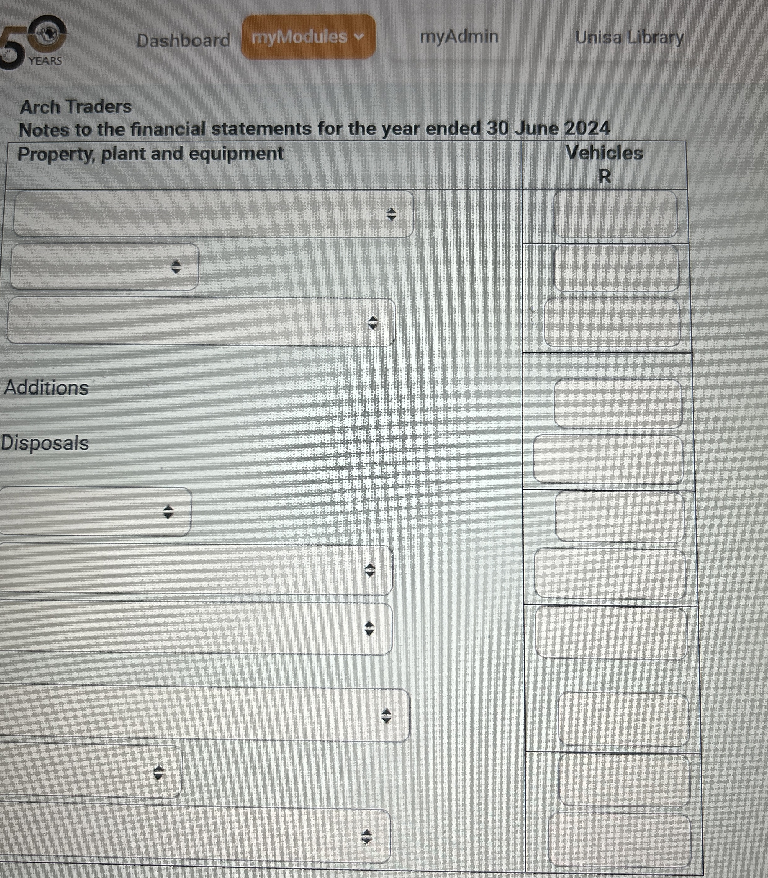 Dashboard myAdmin Unisa Library Arch Traders