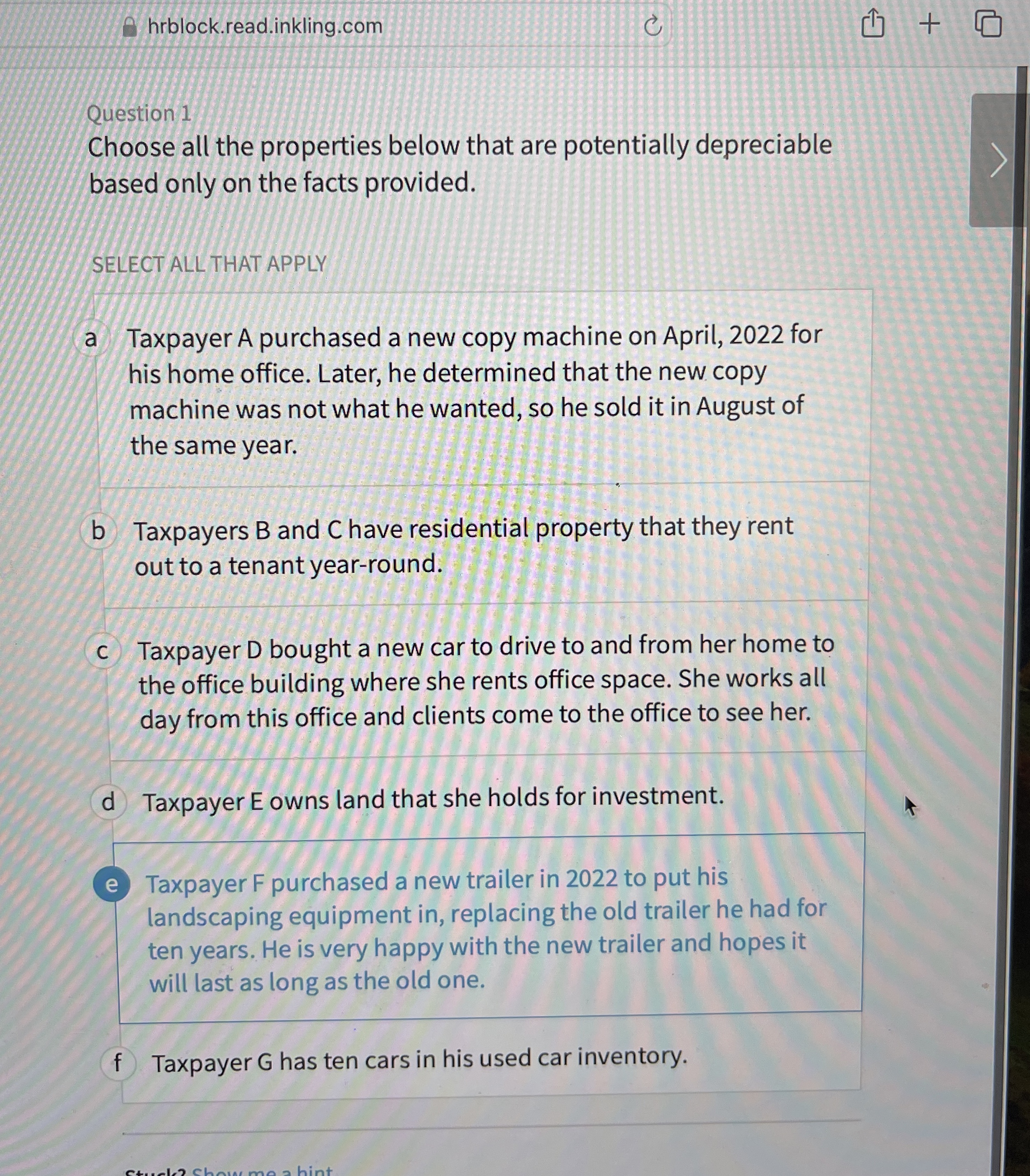 hrblock.read.inkling.com Question 1 Choose all