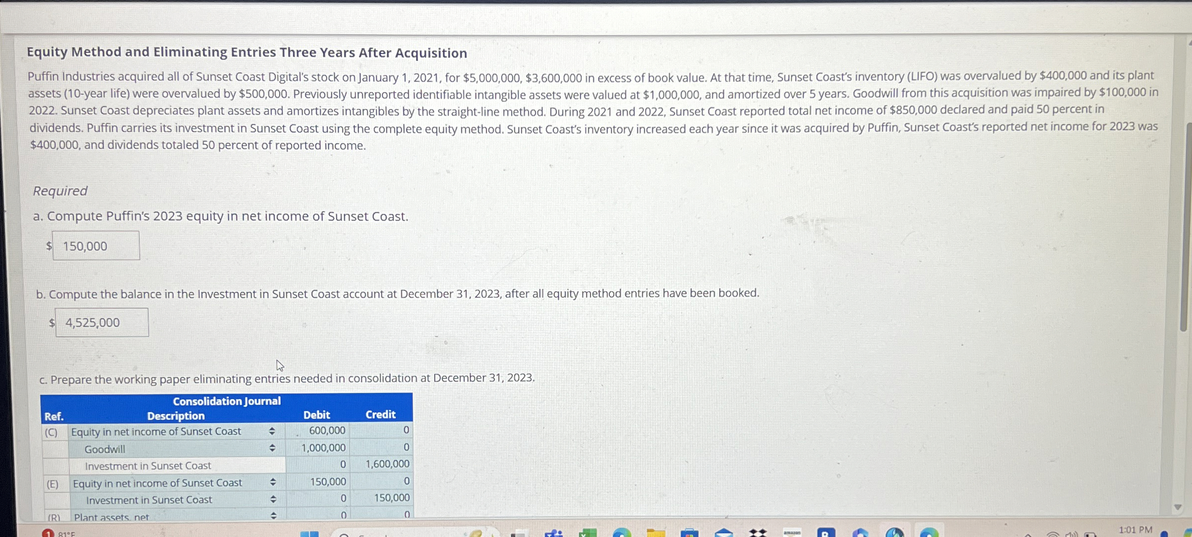 Equity Method and Eliminating Entries Three Years