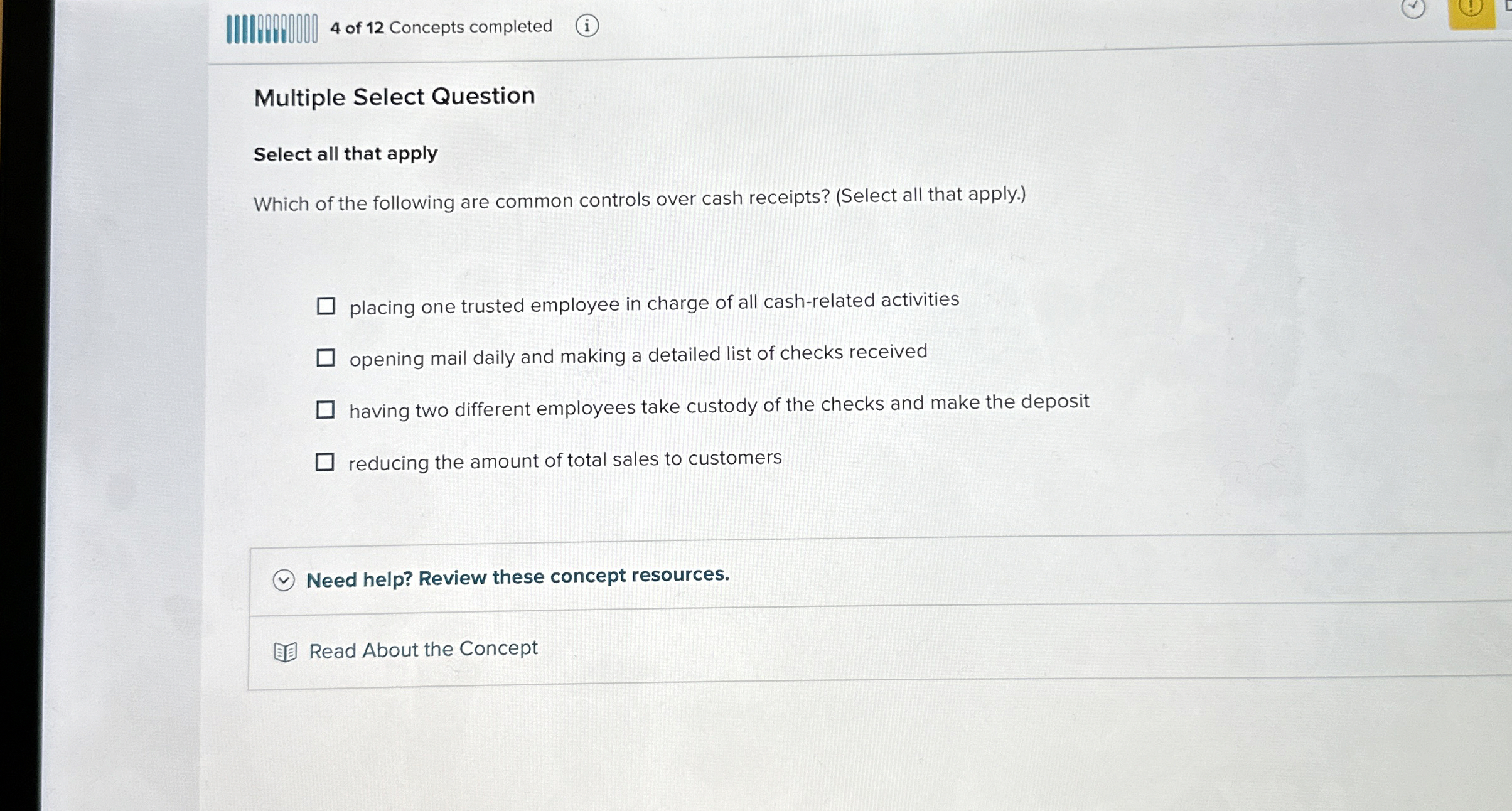 4 of 1 2 Concepts completed Multiple Select