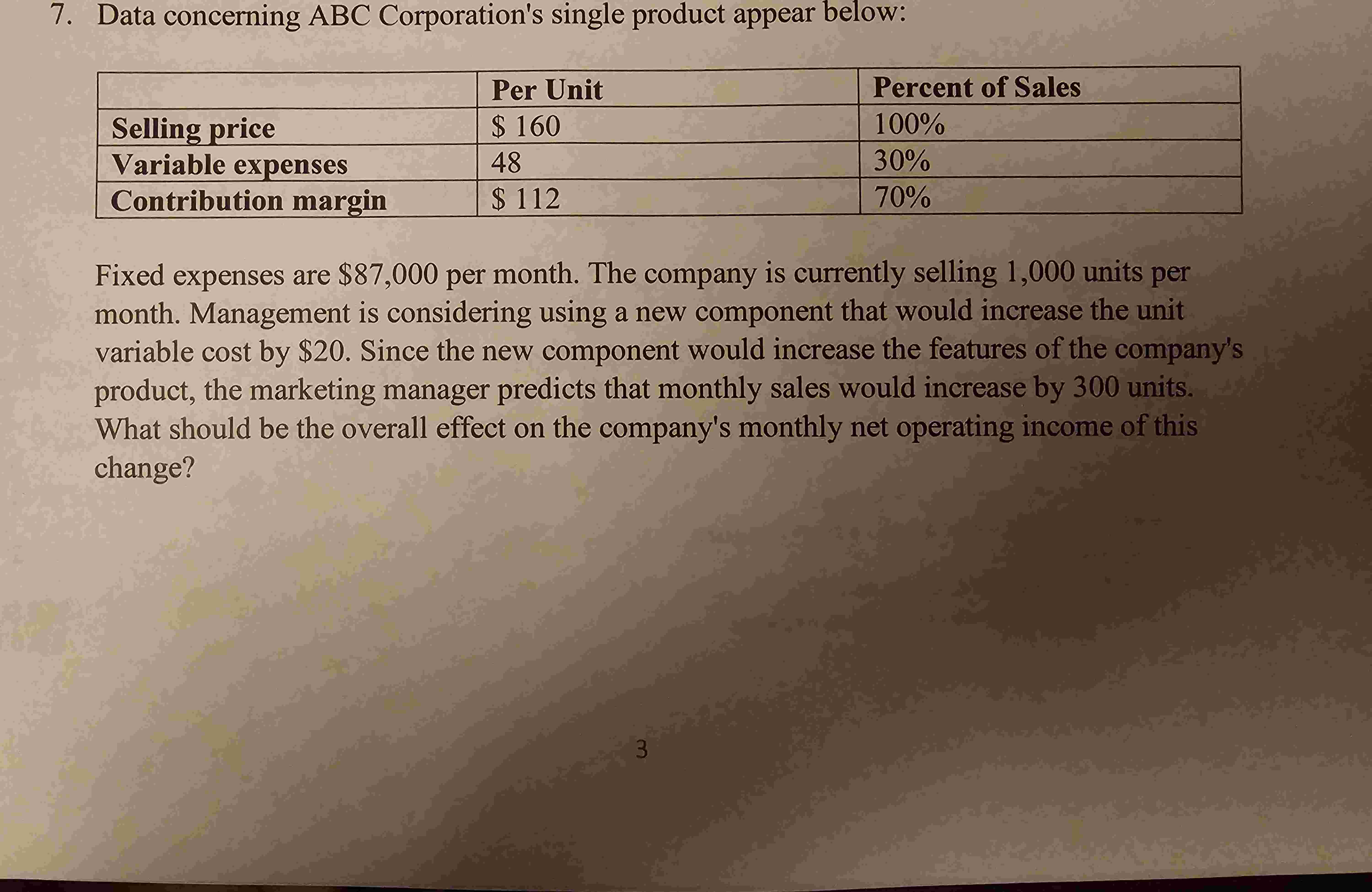 Data concerning ABC Corporation's single product