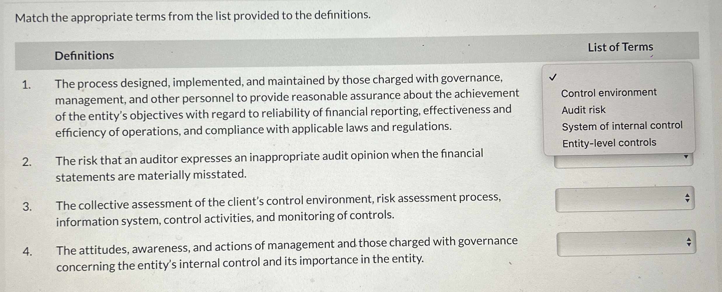 Match the appropriate terms from the list