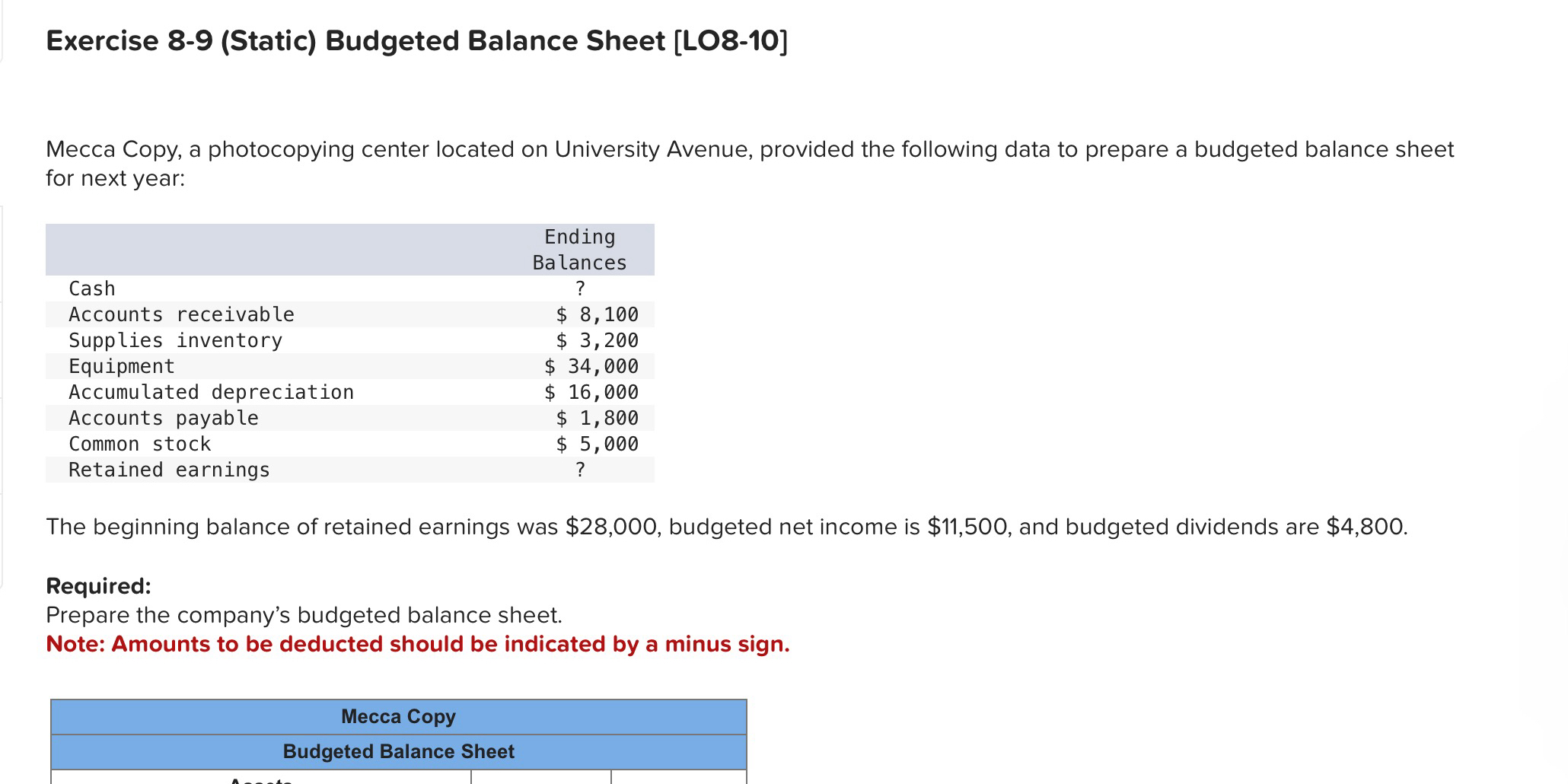 Exercise 8 - 9 ( Static ) Budgeted Balance Sheet