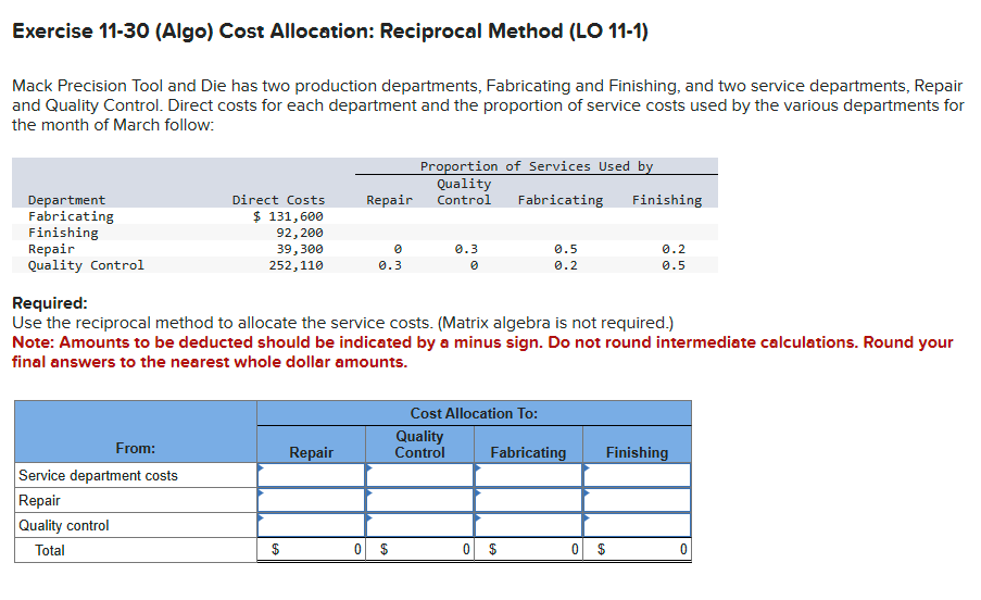 Exercise 1 1 - 3 0 ( Algo ) Cost Allocation: