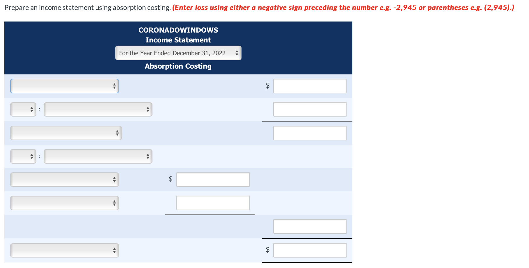 Prepare an income statement using absorption