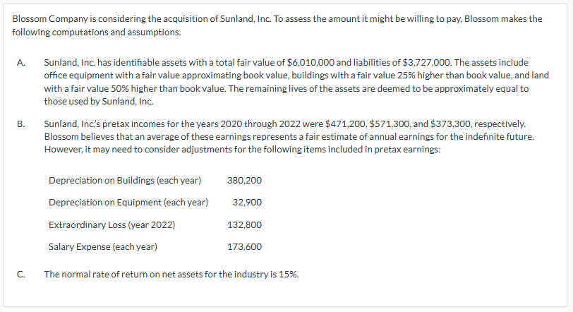 Blossom Company is considering the acquisition of