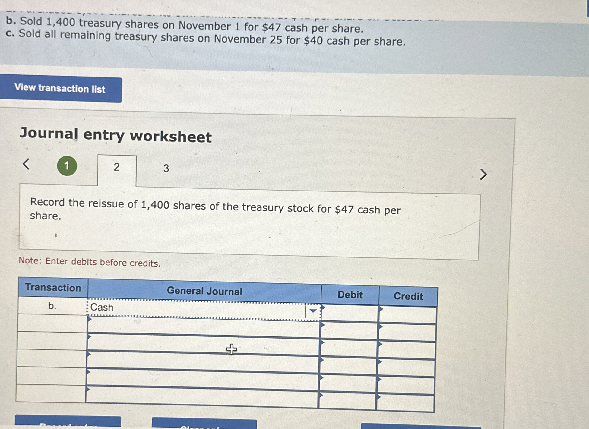 b . Sold 1 , 4 0 0 treasury shares on November 1