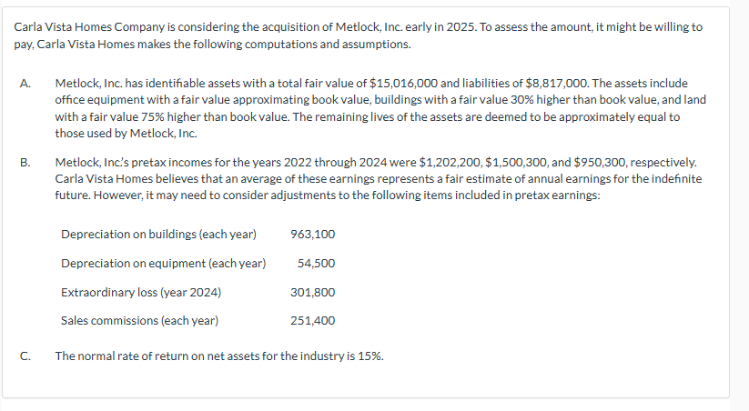 Carla Vista Homes Company is considering the