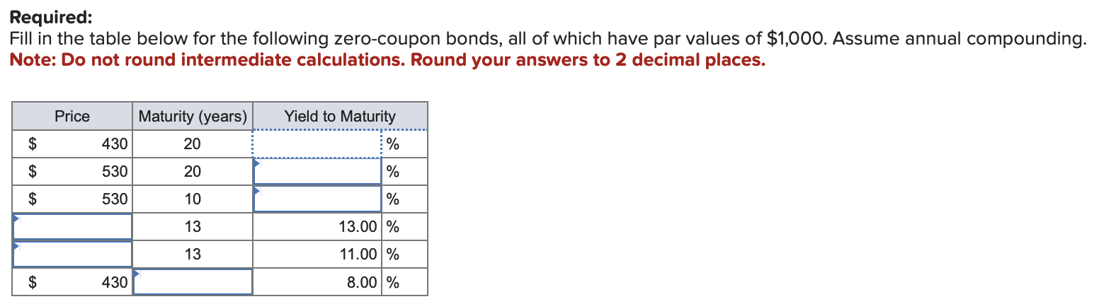 Required: Fill in the table below for the