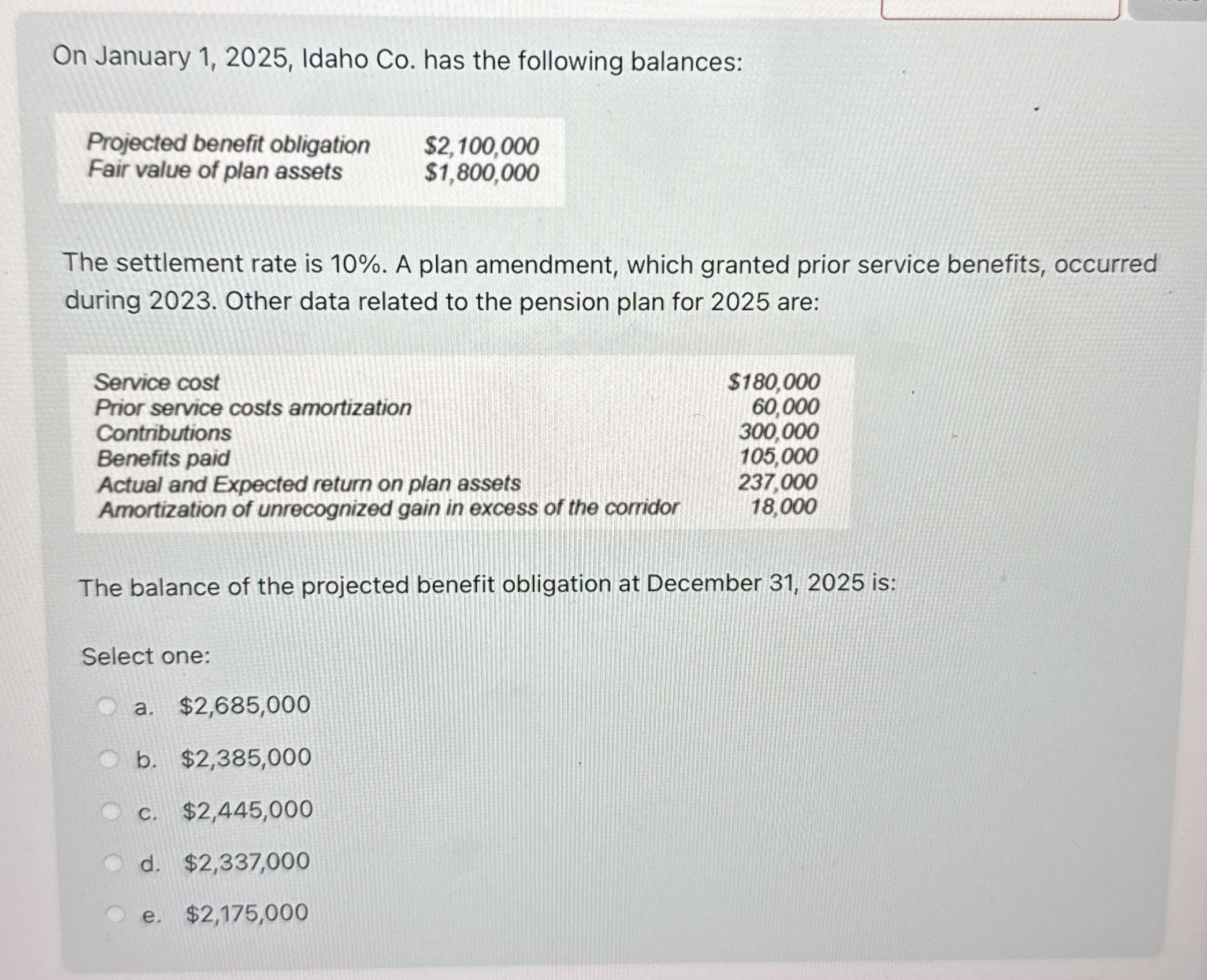 On January 1 , 2 0 2 5 , Idaho Co . has the