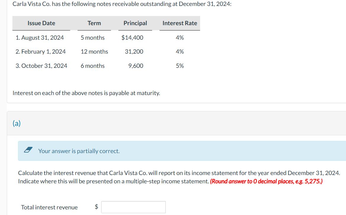 Carla Vista Co . has the following notes