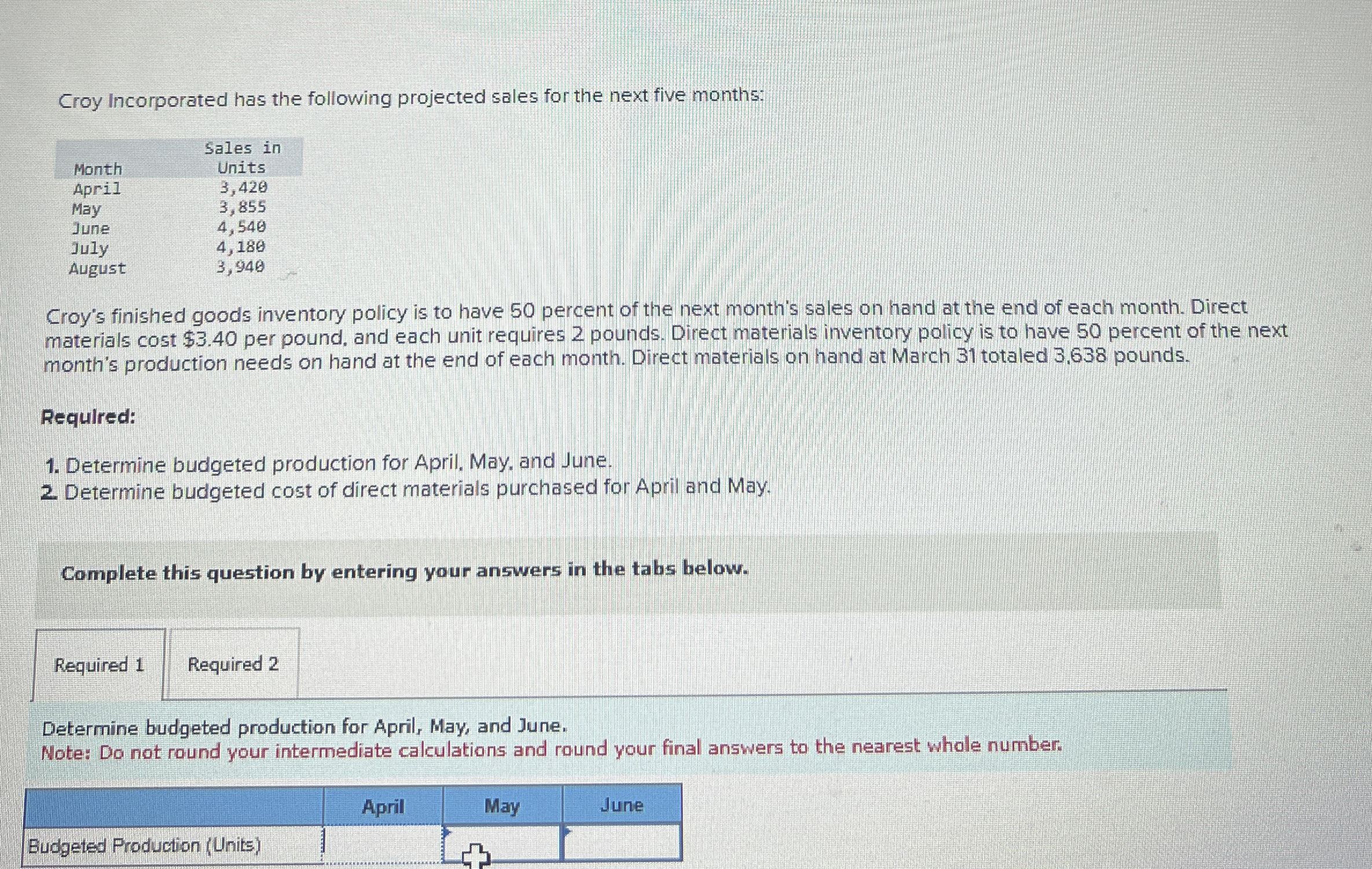 C roy Incorporated has the following projected