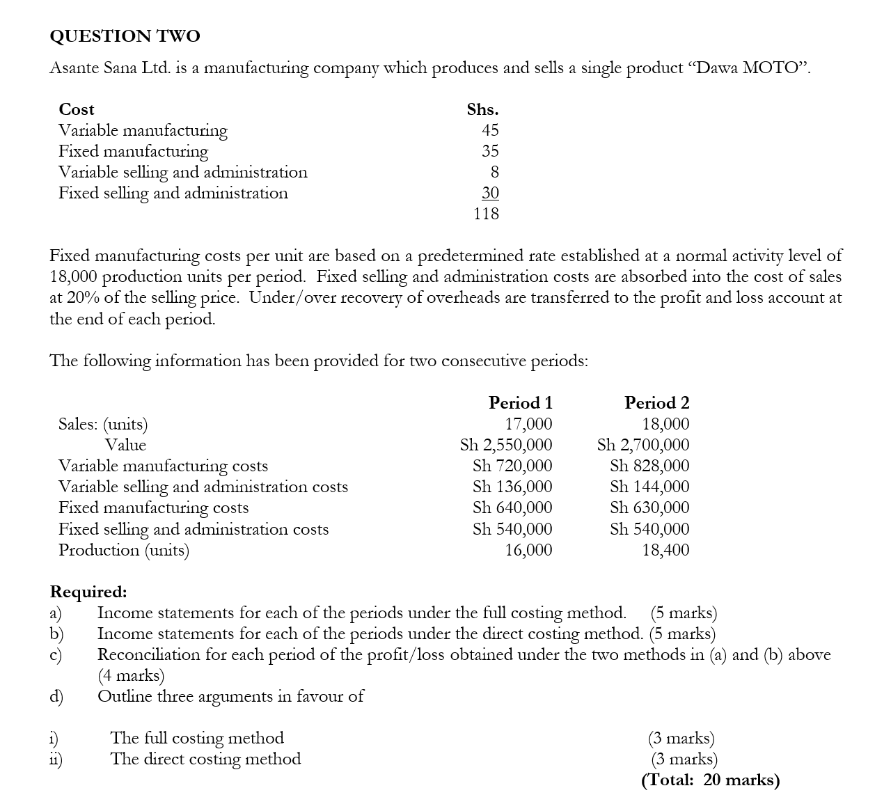 QUESTION TWO Asante Sana Ltd . is a manufacturing