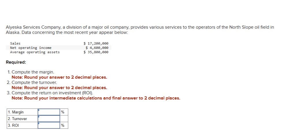 Required: Compute the margin. Note: Round your