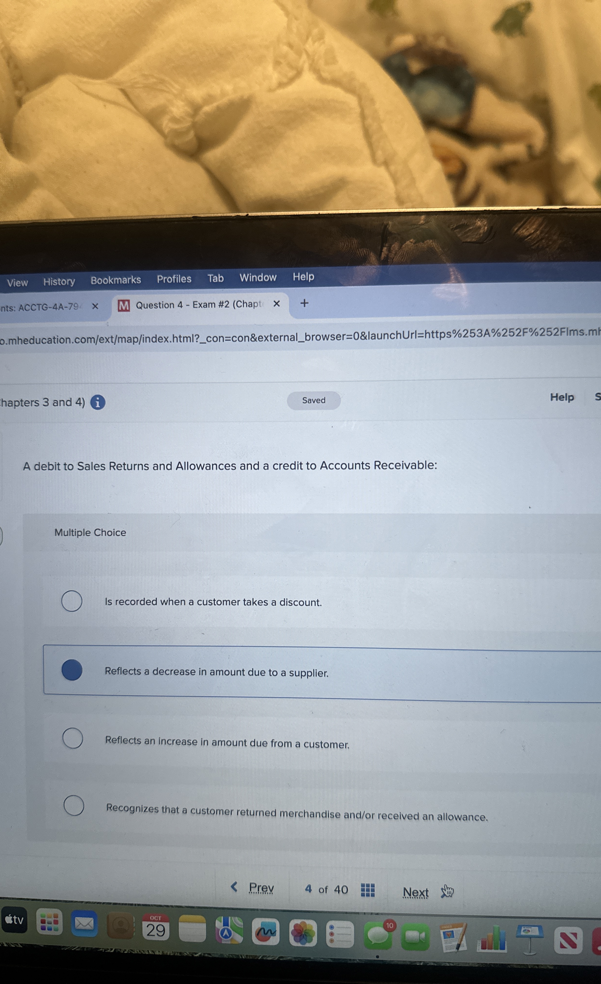 hapters 3 and 4 ) i Help A debit to Sales Returns