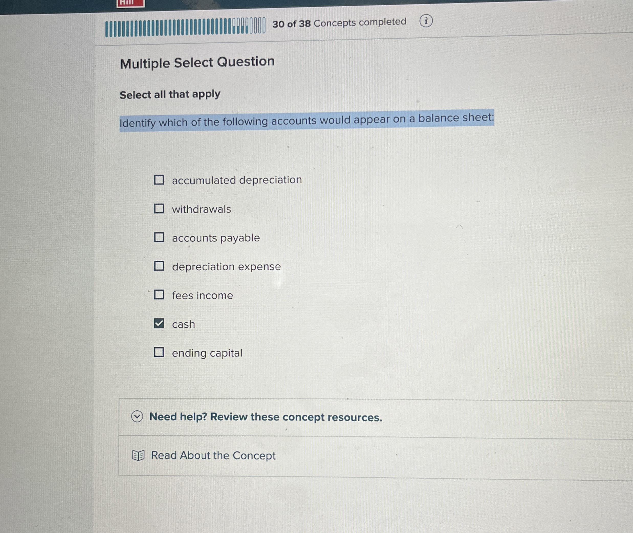 3 0 of 3 8 Concepts completed Multiple Select