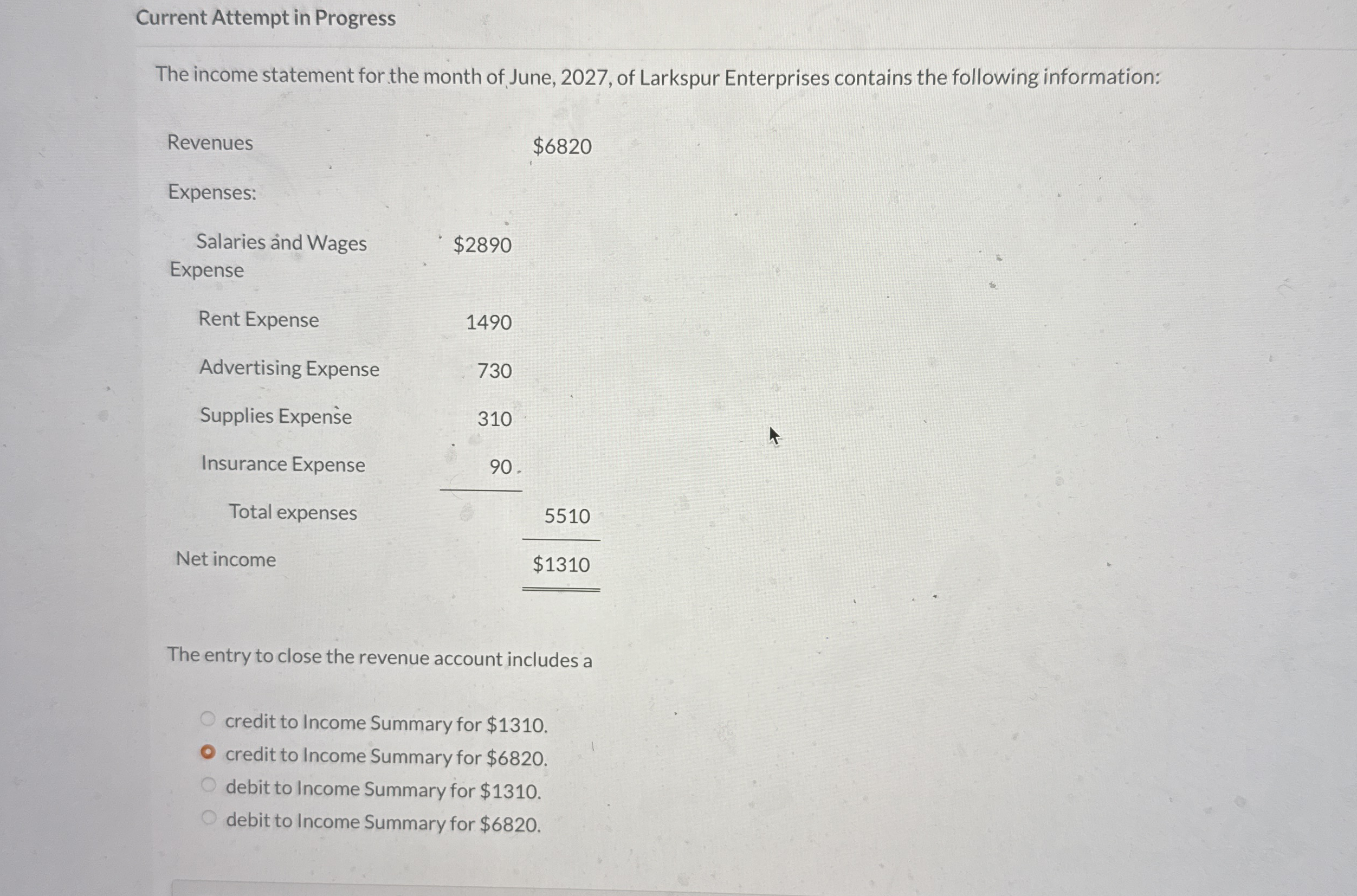 Current Attempt in Progress The income statement
