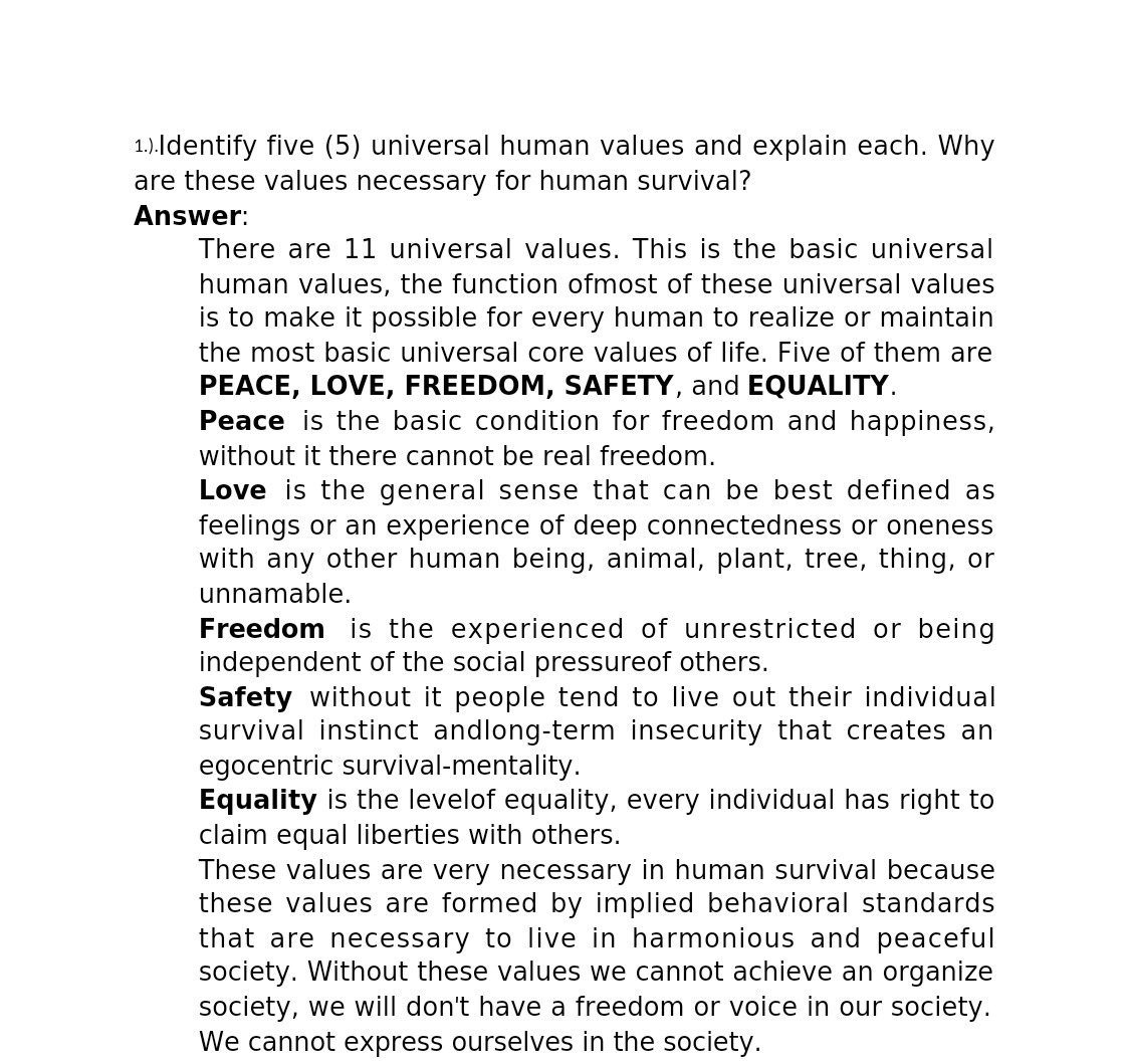 1.).ldentify five (5) universal human values and