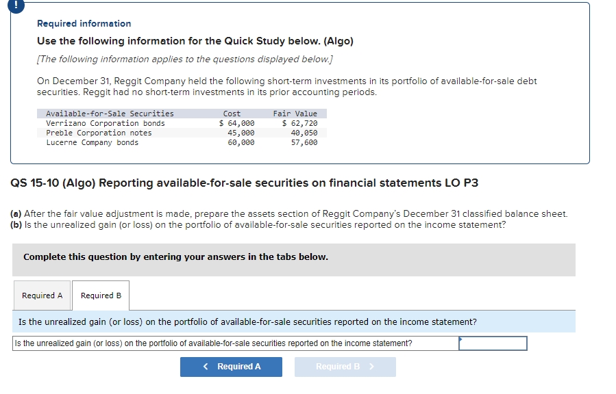 Required information Use the following