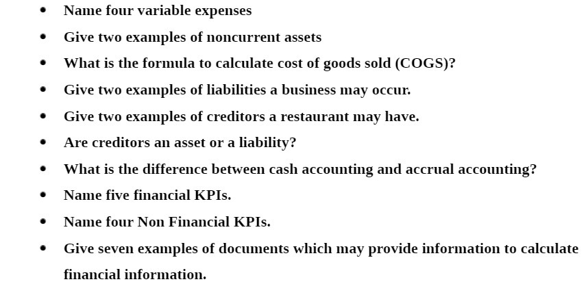 Name four variable expenses Give two examples of