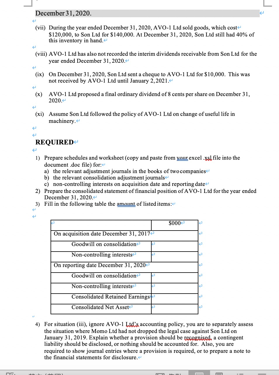 The financial position statement of AVO-1 Ltd and