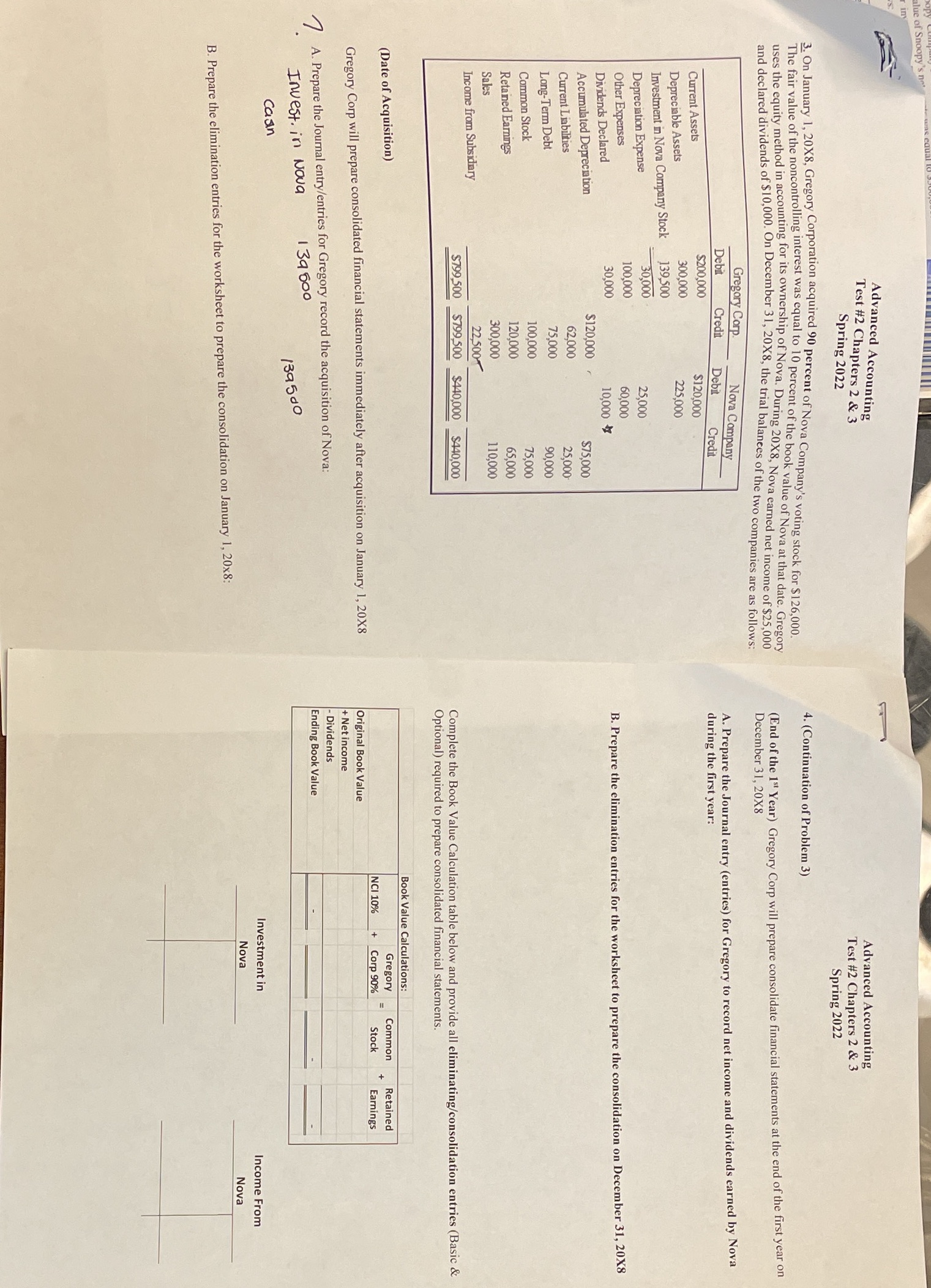 Advanced Accounting Test #2 Chapters 2 & 3