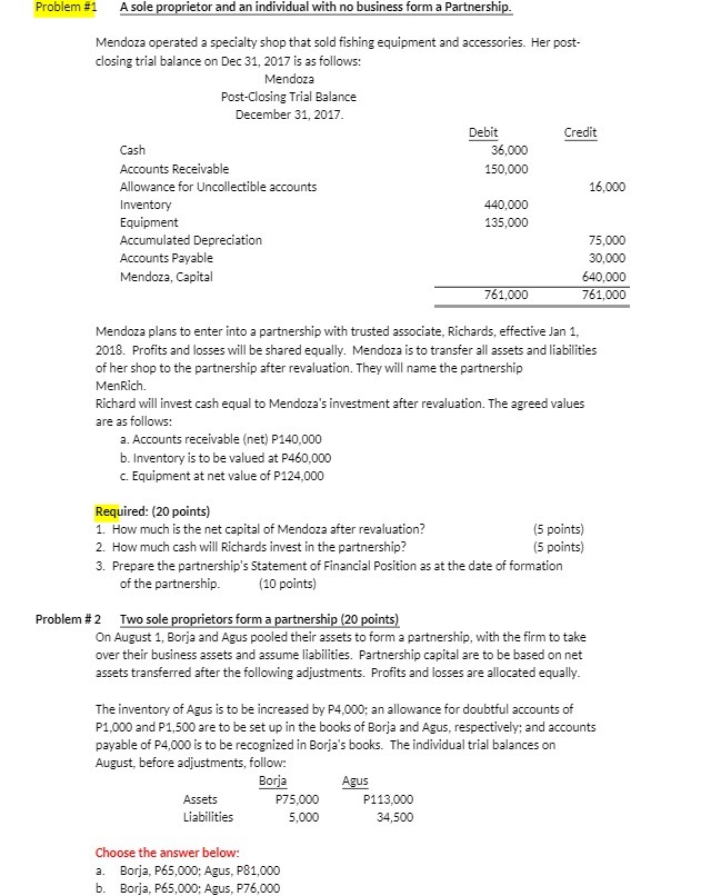 Problem #1 A sole proprietor and an individual