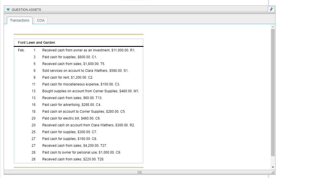 QUESTION ASSETS Transactions COA Ford Lawn and