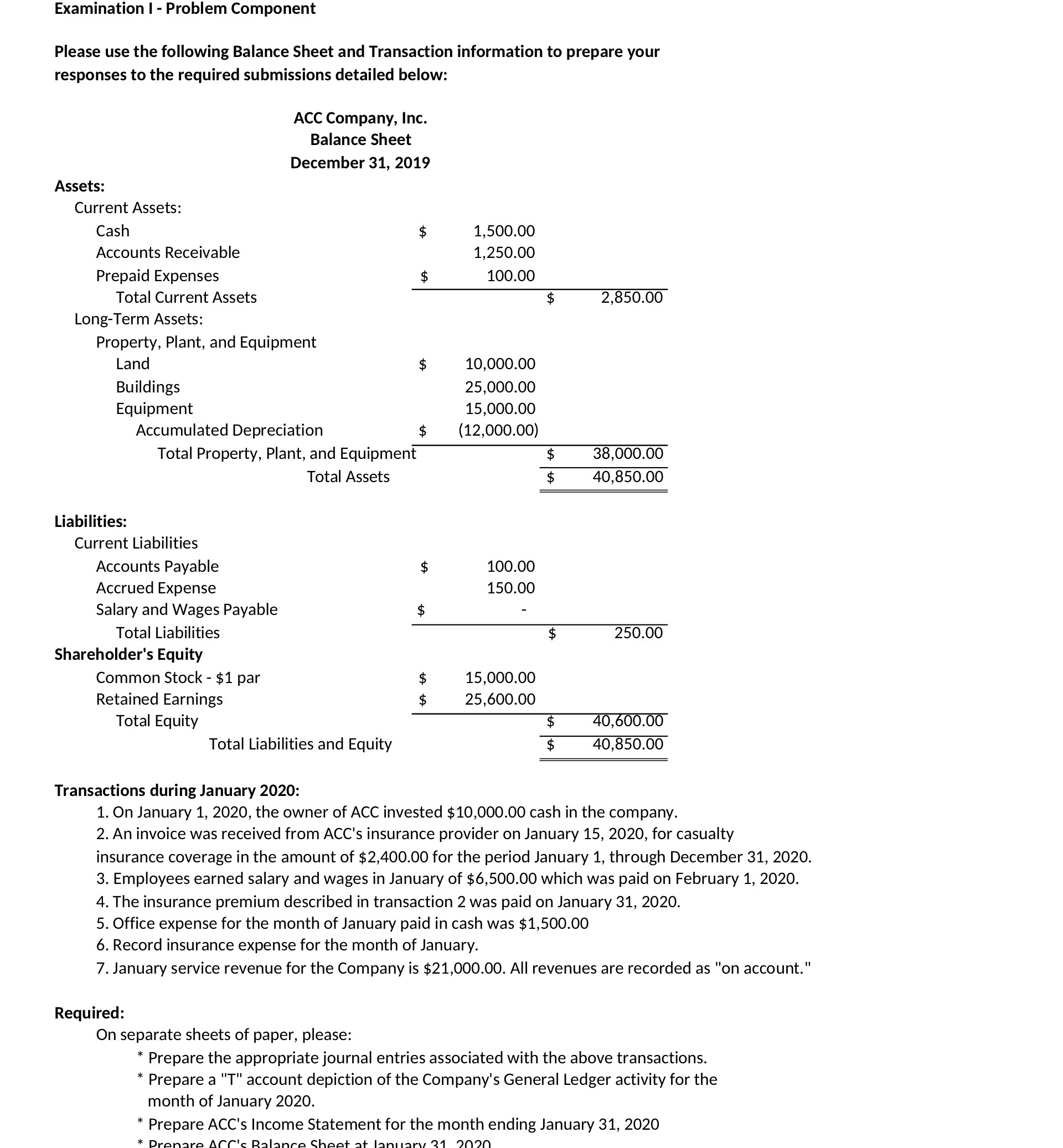 Examination | - Problem Component Please use the