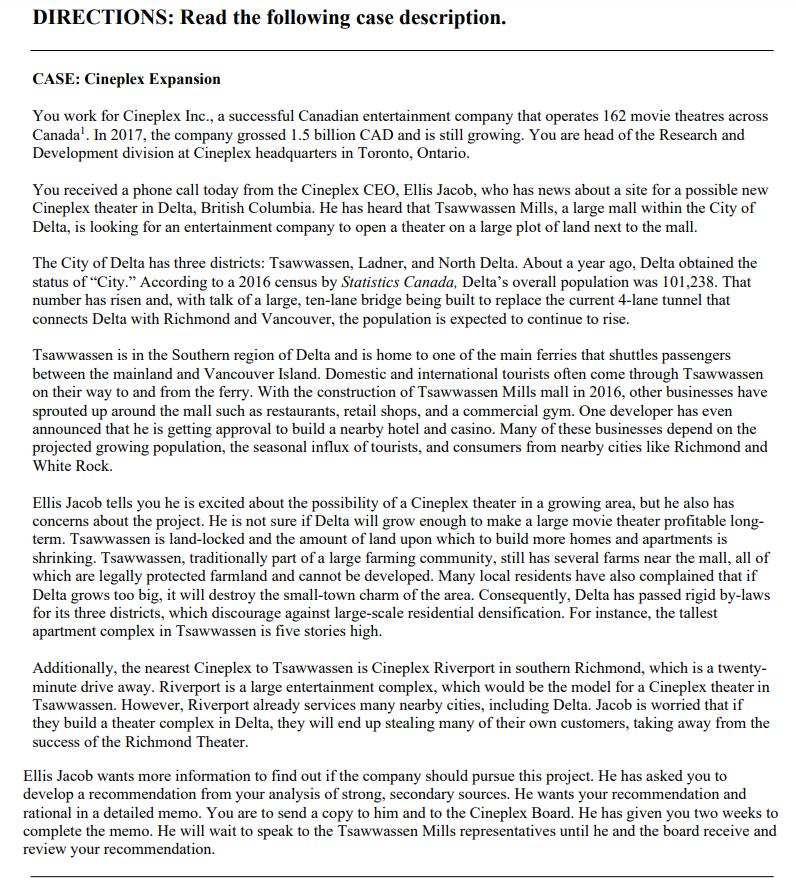 Read the Cineplex case Work on a Communication