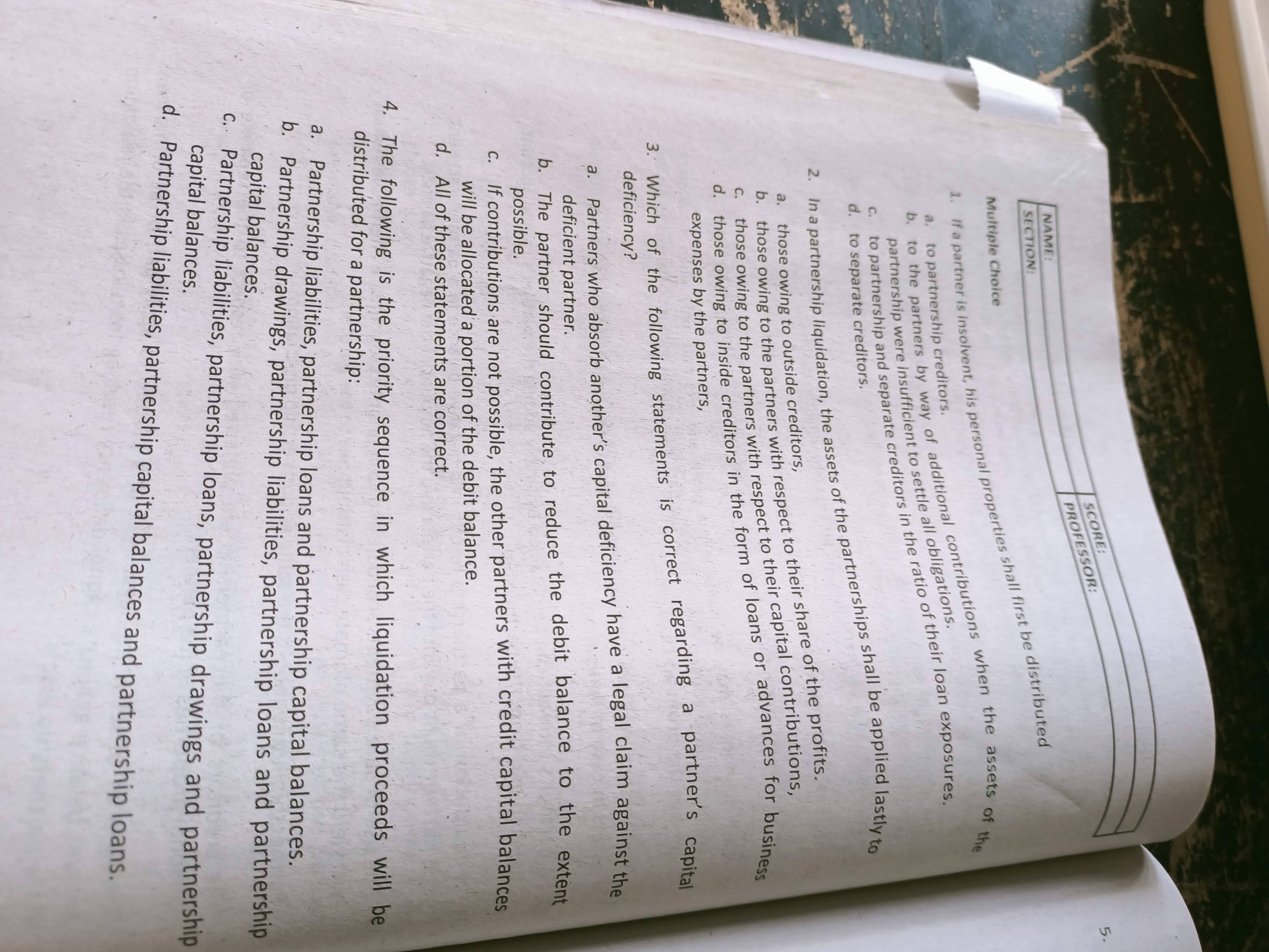 SCORE: PROFESSOR: NAME: SECTION: Multiple Choice