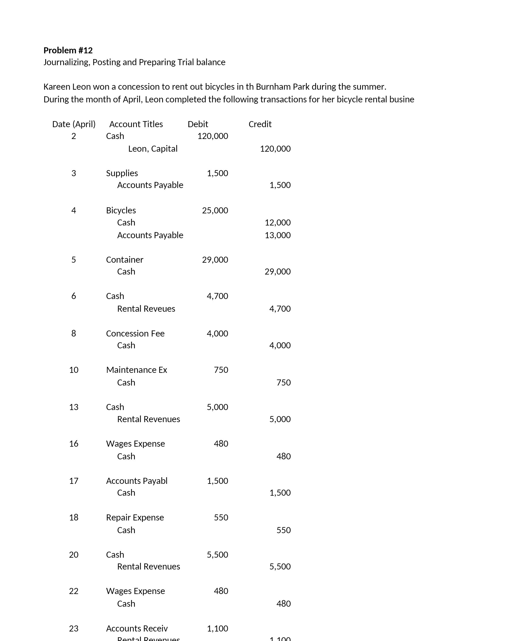 Problem #12 Journalizing, Posting and Preparing