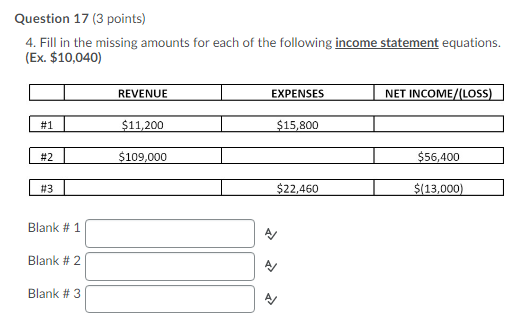 Question 17 (3 points) 4. Fill in the missing