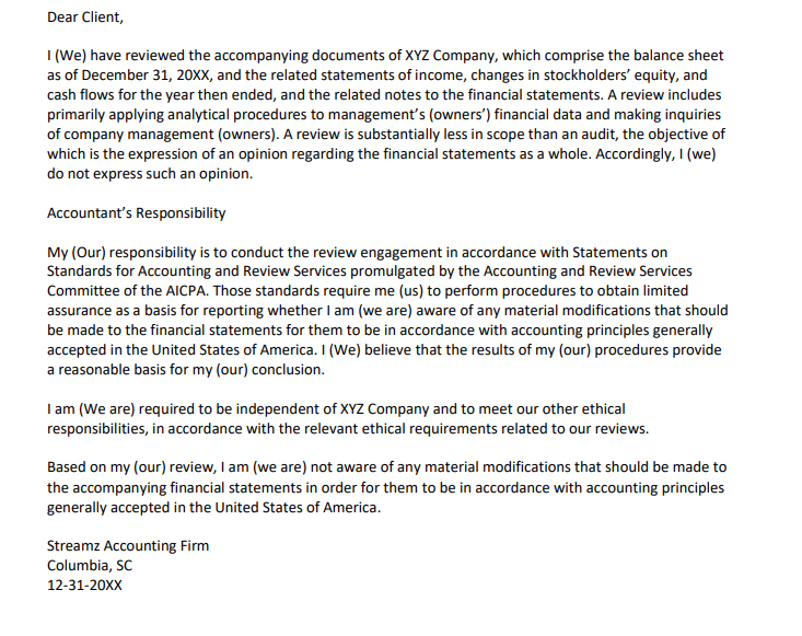 Review the below SSARS engagement report and