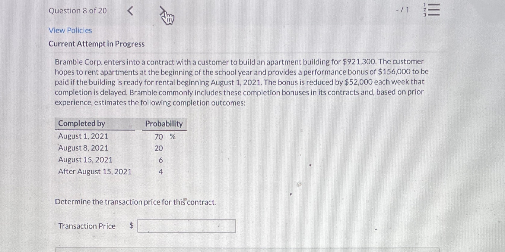 Question 8 of 20 A - / 1 E View Policies Current