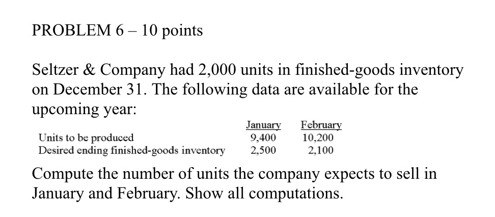 PROBLEM 6 10 points Seltzer & Company had 2,000