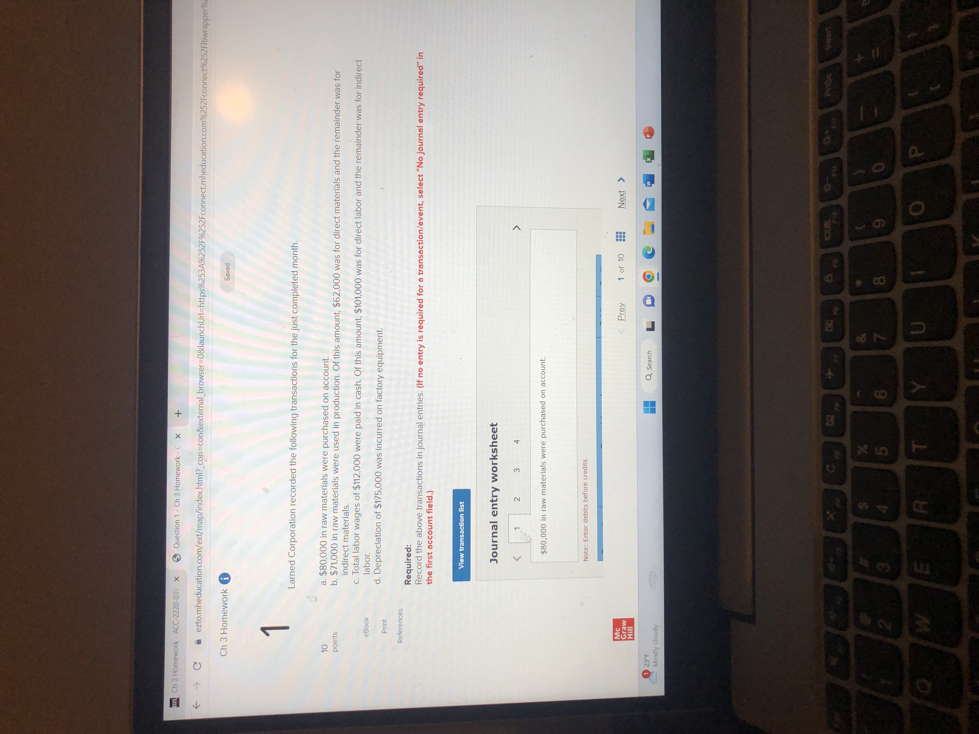 21 Ch 3 Homework - ACC-2220-03V x Question 1 - Ch