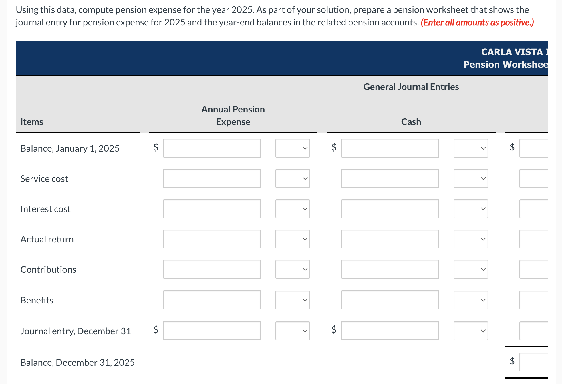 Using this data, compute pension expense for the