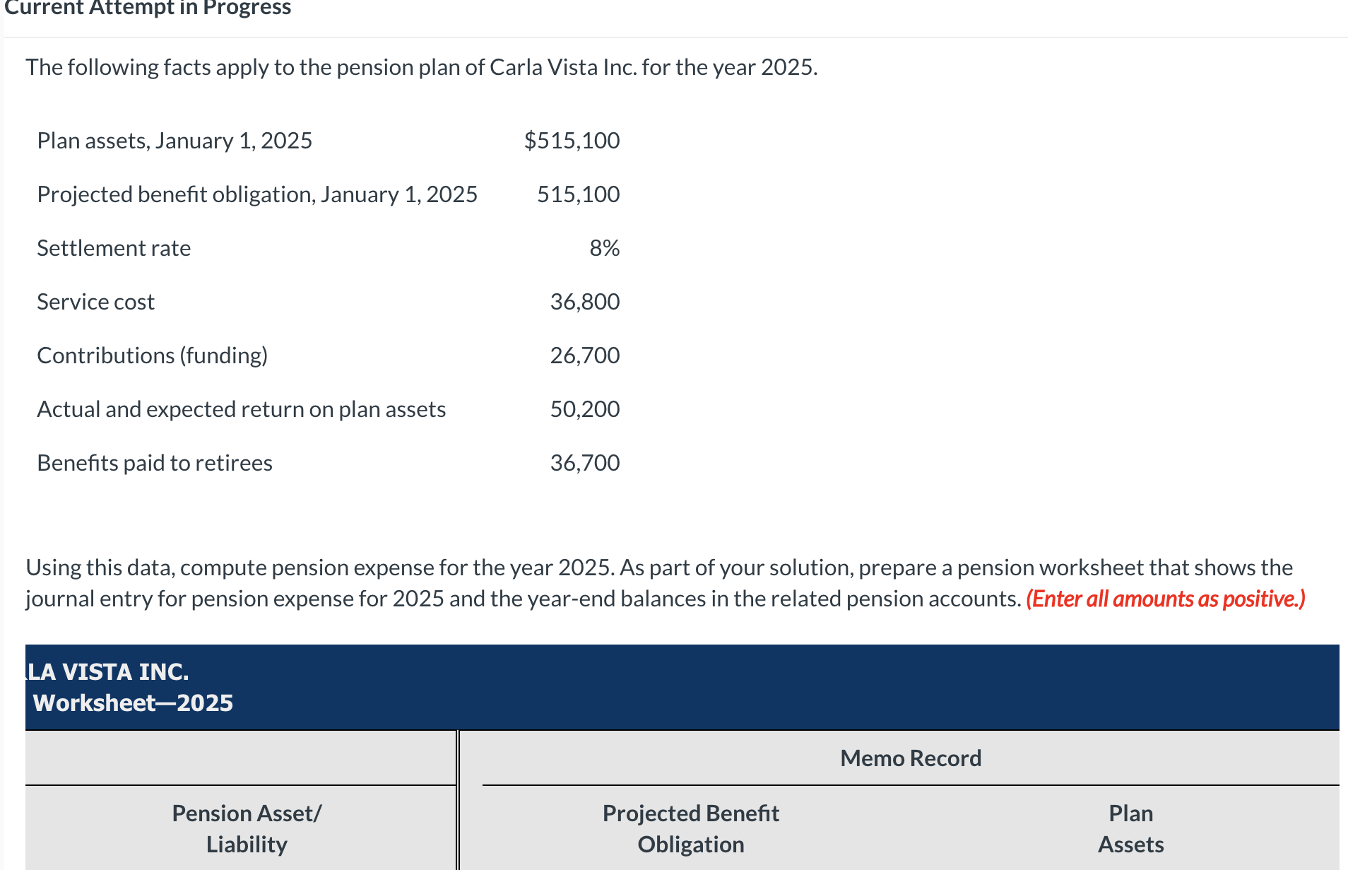 Using this data, compute pension expense for the