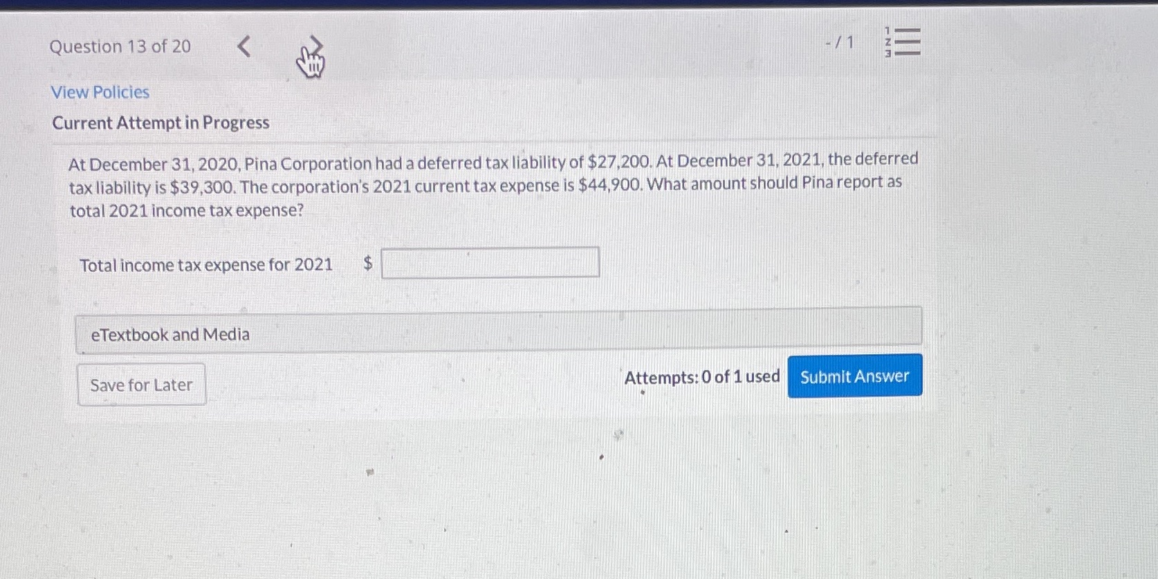 Question 13 of 20 -/1 UN - View Policies Current