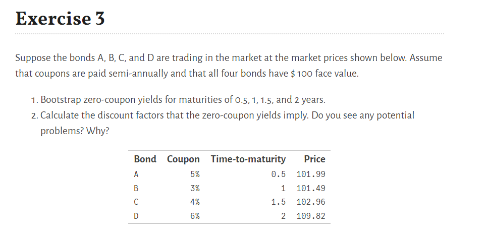 Exercise 3 Suppose the bonds A, B, C. and D are