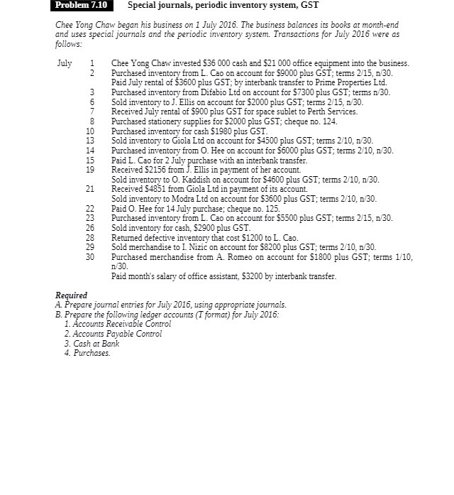 Problem 7.10 Special journals, periodic inventory