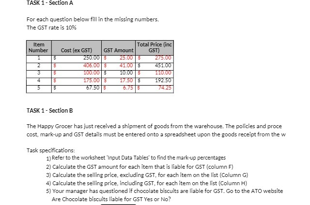 TASK 1 - Section A For each question below fill