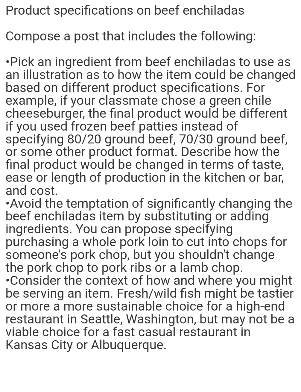Product specications on beef enchiladas Compose a