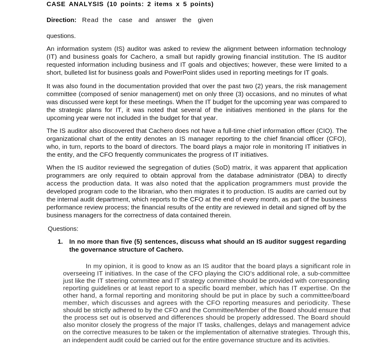 CASE ANALYSIS (10 points: 2 items x 5 points)