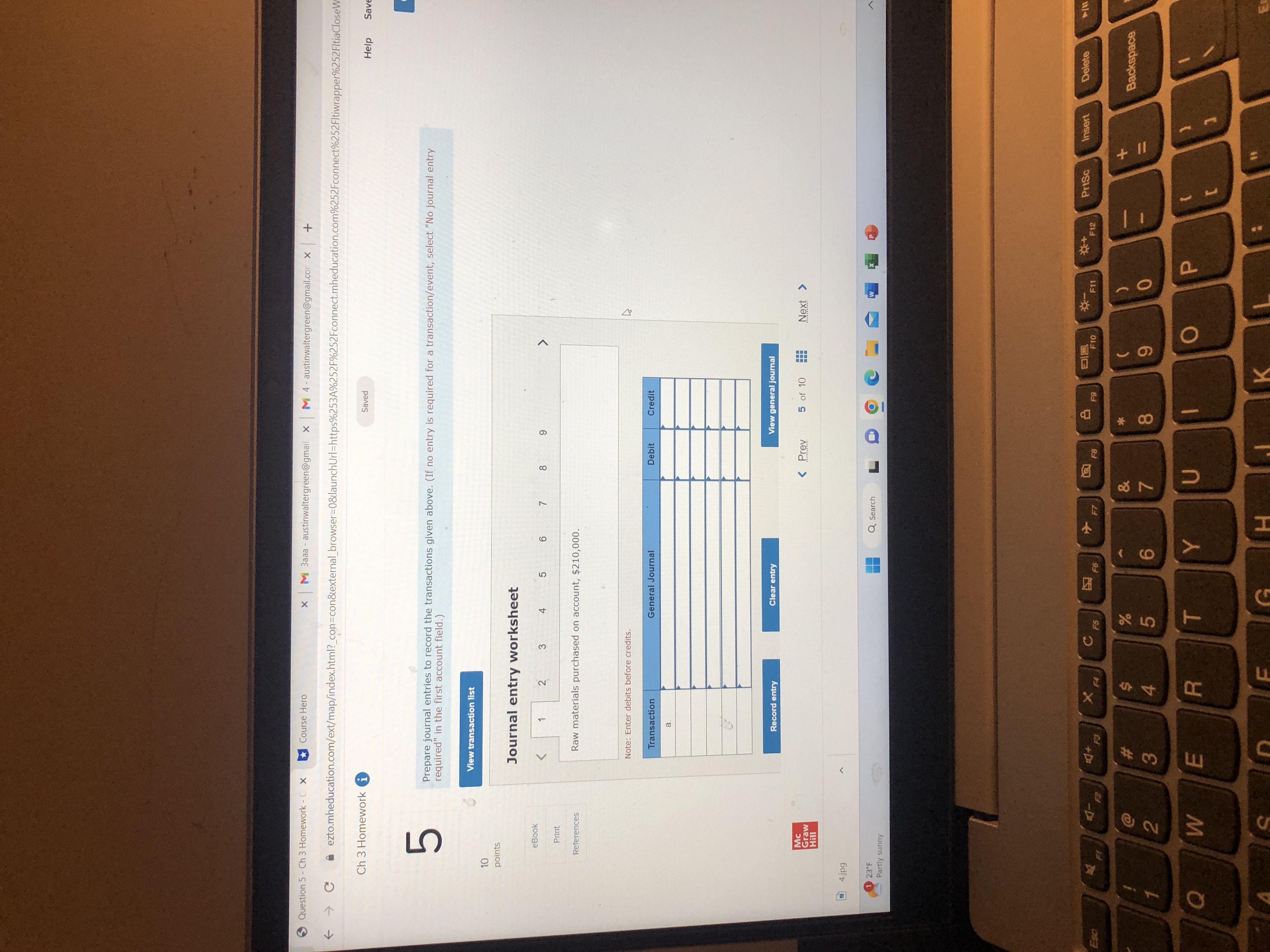 Question 5 - Ch 3 Homework - C X Course Hero x M